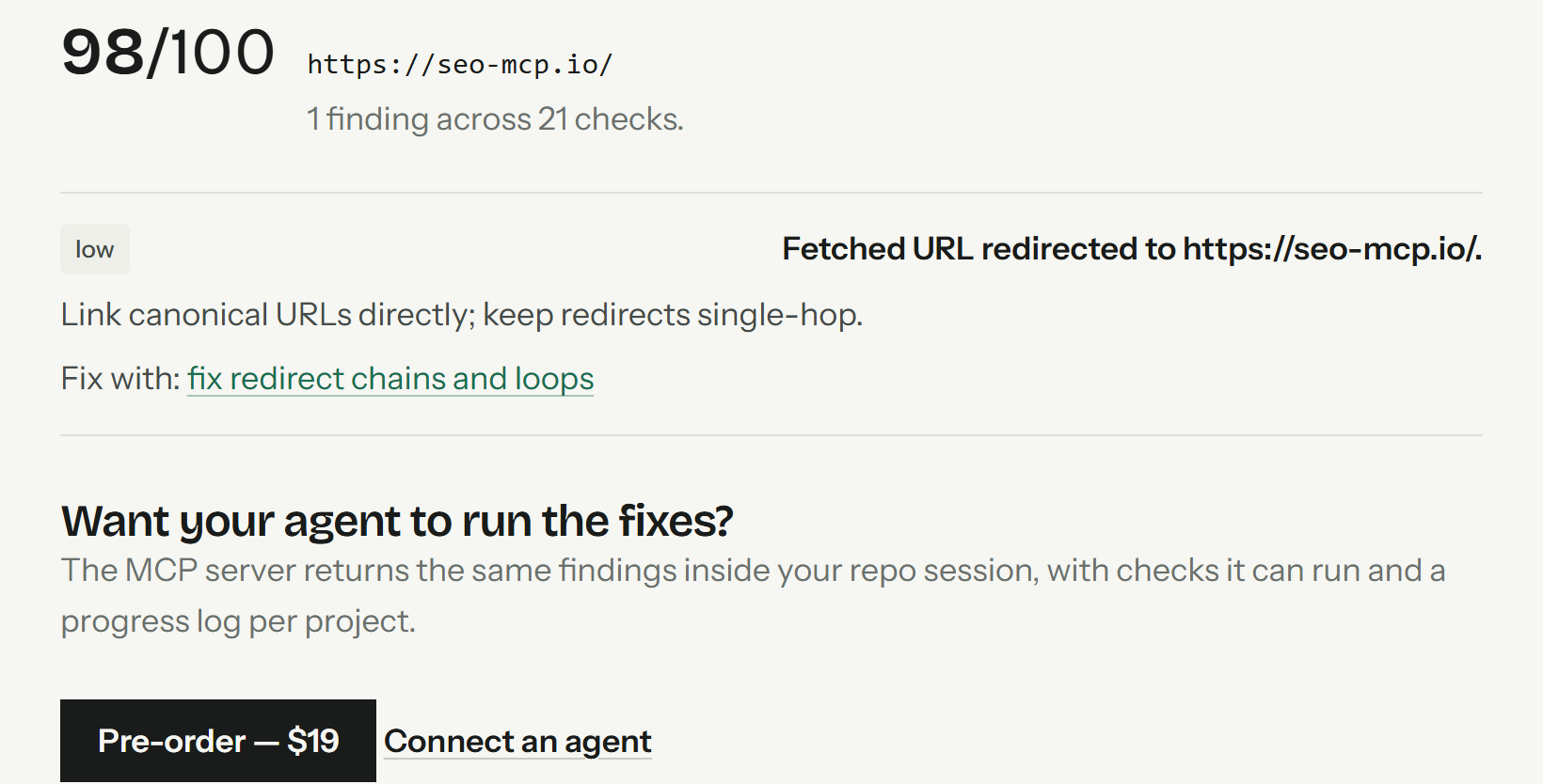 The free audit result for seo-mcp.io: 98/100, one low-severity finding, and the tip that fixes it