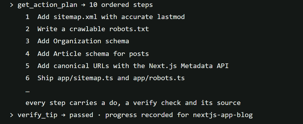 Crop of get_action_plan returning ten ordered steps with a do, a verify check and a source for each